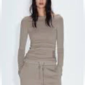 Zara Long Sleeve Boat Neck Taupe Top S NWT